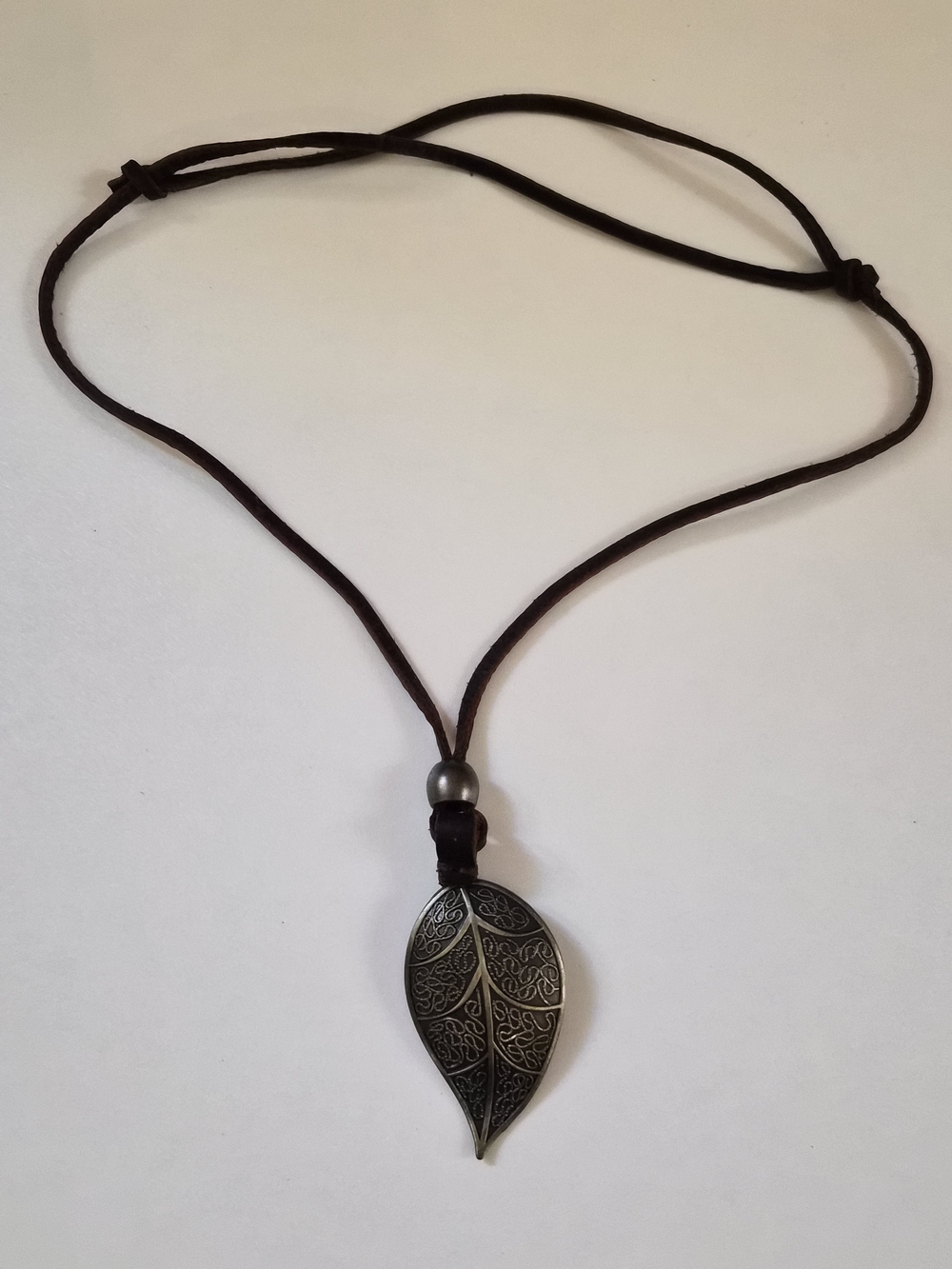 Vintage Bronze Filigree Leaf Pendant Adjustable Cord Necklace Boho
